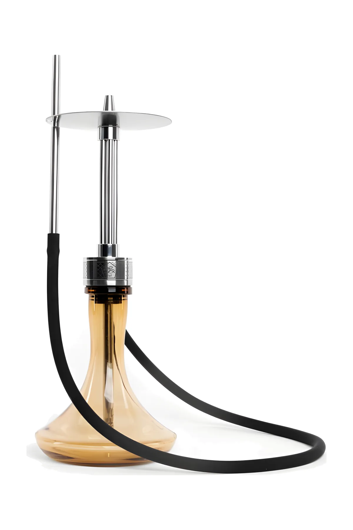 BS Hookah Classic Rus nargile takımı – paslanmaz çelik gövde, amber cam şişe ve siyah silikon marpuç, beyaz fon