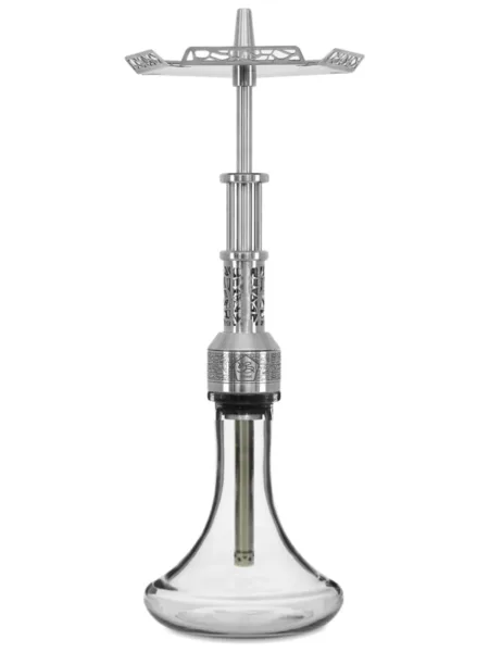 BS Hookah Concept Rus nargile takımı – paslanmaz çelik oymalı gövde ve cam şişe, beyaz fon