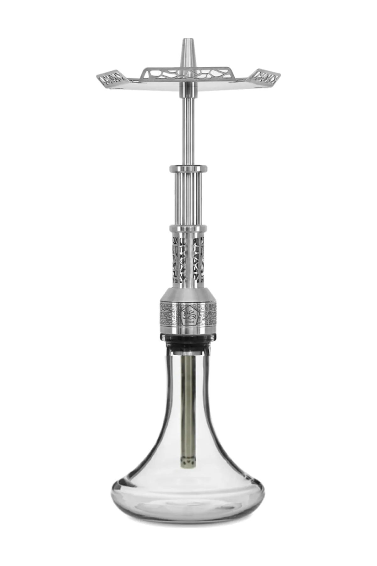BS Hookah Concept Rus nargile takımı – paslanmaz çelik oymalı gövde ve cam şişe, beyaz fon