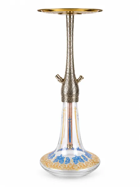 A front view of the HOOKAH's ornate metal body, empty gold-colored tray, and glass bottle with a blue-and-gold pattern.