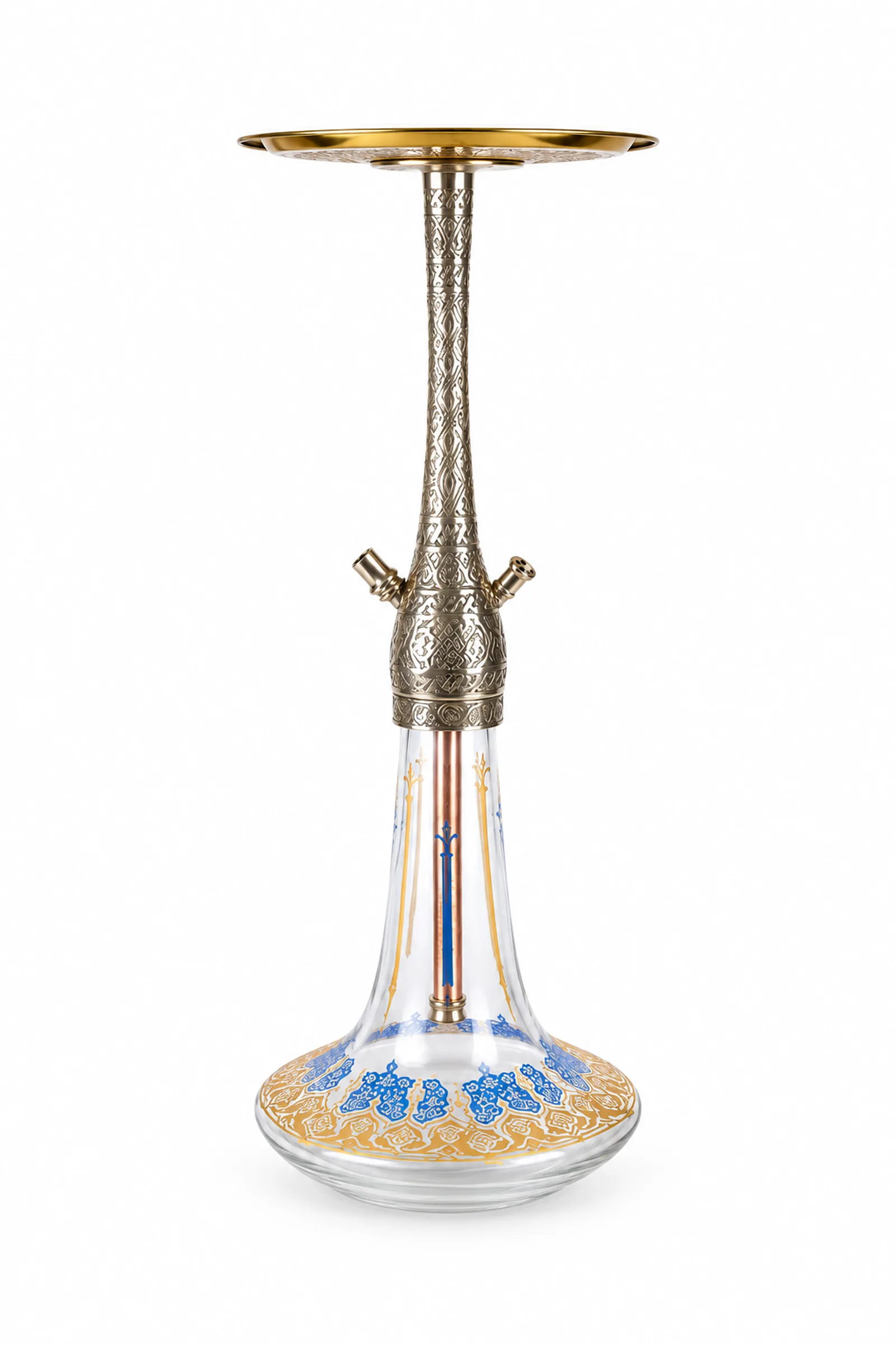 A front view of the HOOKAH's ornate metal body, empty gold-colored tray, and glass bottle with a blue-and-gold pattern.