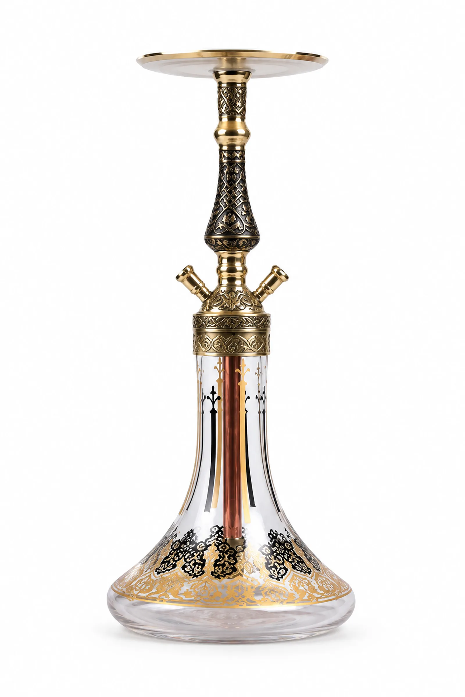 A metal body with intricate engraving and glass featuring a black-and-gold pattern, shown full-length from the front; the hookah’s details are clearly visible against a white background.