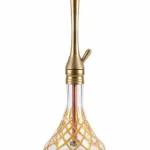 The Master Puff hookah features a thin, gold-colored metal body, an empty tray, and a glass bottle with a gold cage pattern.