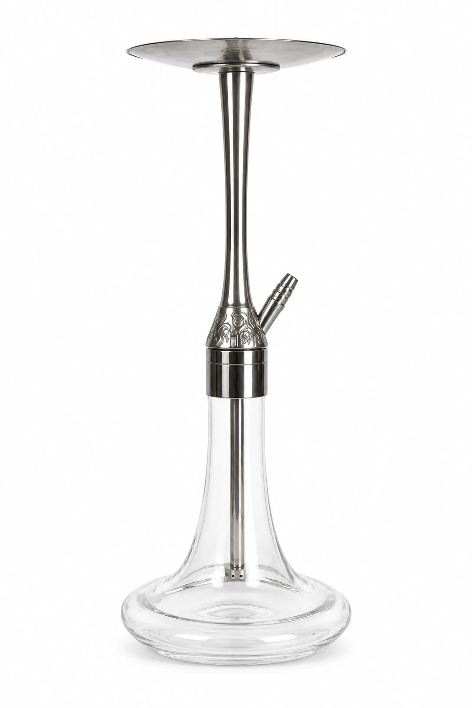 A slender, silver-toned hookah stem, an ornate lower neck, a plain, transparent glass bowl, and an empty round tray, viewed from the front.