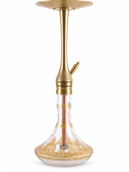 The Master Puff Varak hookah features a long, gold-colored stem, an empty tray, and a glass bottle with delicate gold motifs.