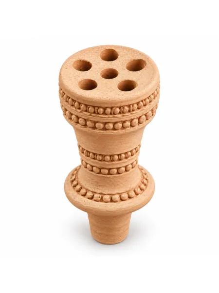 Top view of the Tömbeki bowl – 5-hole, beaded terracotta hookah bowl
