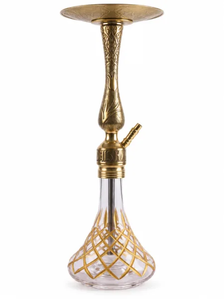 The Tulip Puff hookah features a yellow metal body with tulip engravings, an empty tray, and a glass bottle with a gold cage pattern.