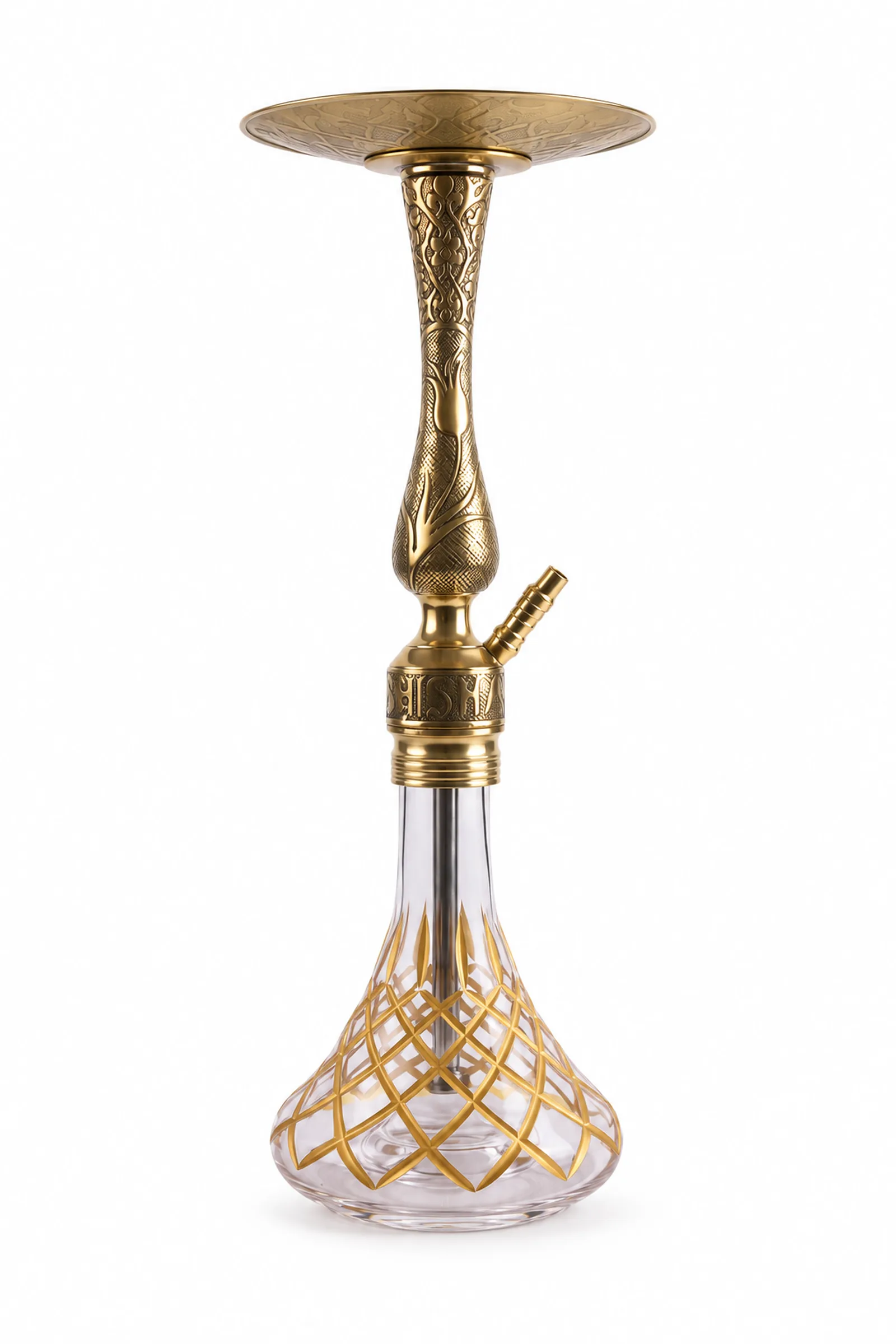 The Tulip Puff hookah features a yellow metal body with tulip engravings, an empty tray, and a glass bottle with a gold cage pattern.