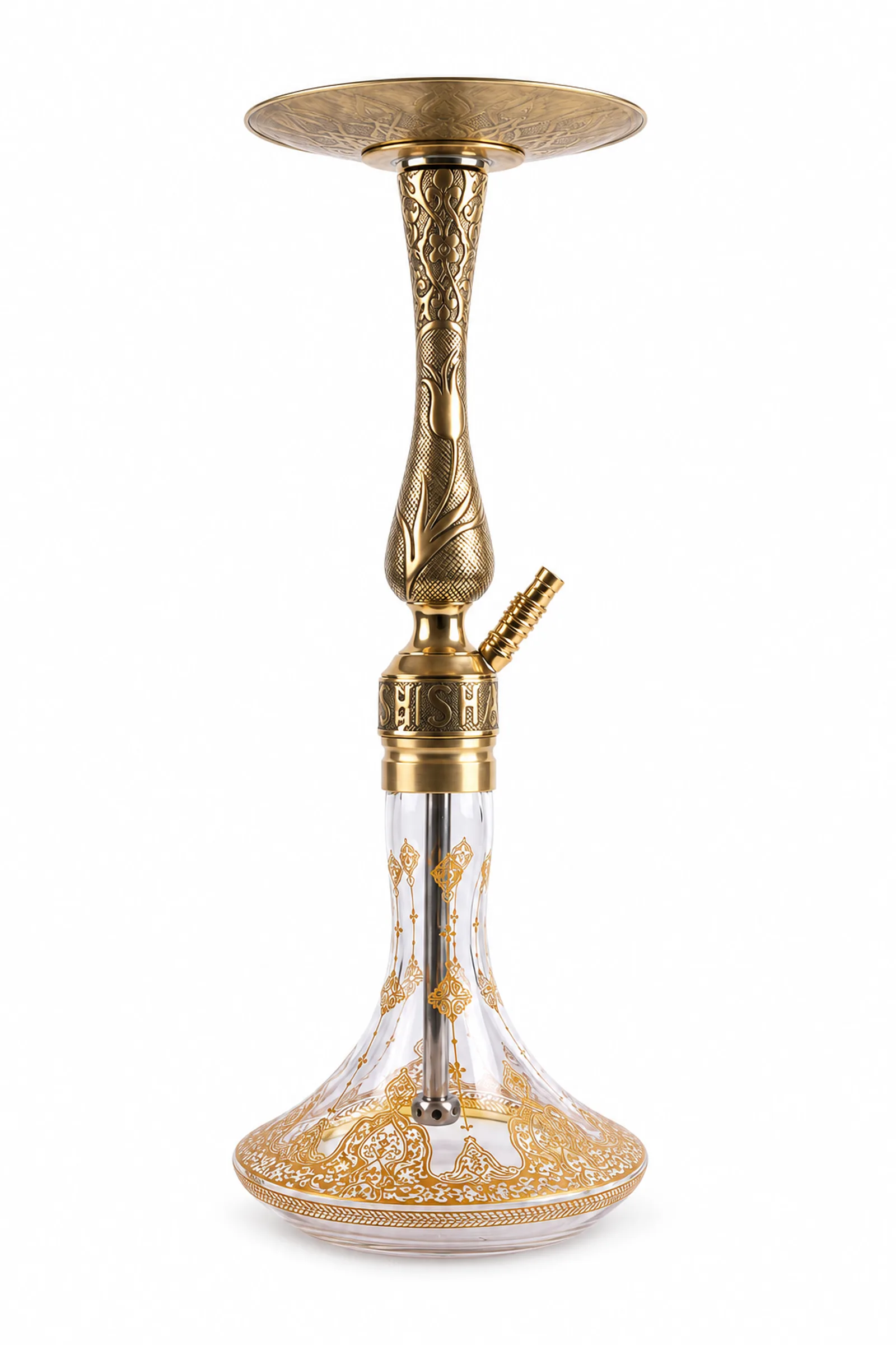 Tulip Puff nargile, kabartma lale desenli uzun altın renkli gövde ve altın motifli yayvan cam şişeyle görünür.