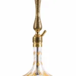 A gold-toned hookah body with tulip motifs, a transparent glass bottle with gold patterns, and an empty, wide tray—front view.