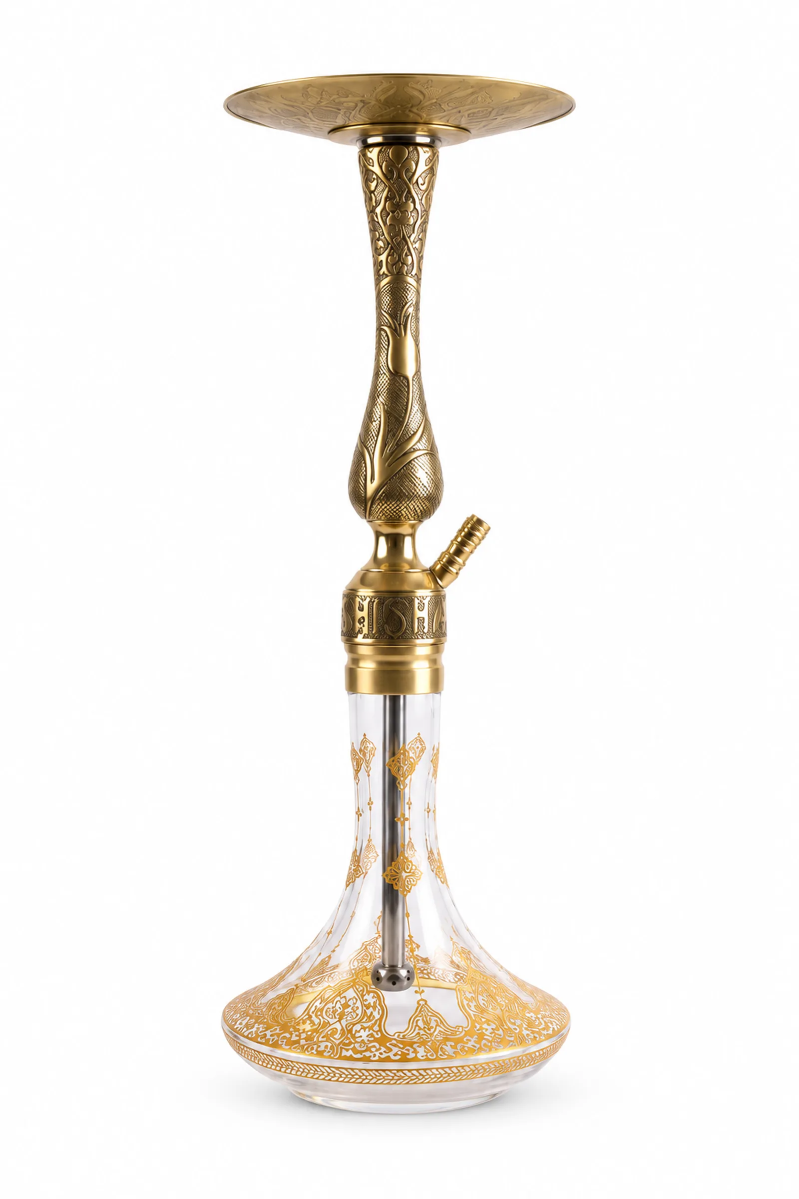A gold-toned hookah body with tulip motifs, a transparent glass bottle with gold patterns, and an empty, wide tray—front view.