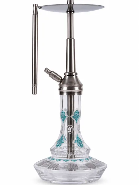 A hookah set with a silver-colored body, a turquoise-patterned glass bottle, and a metal mouthpiece hanging on the left, set against a white background.