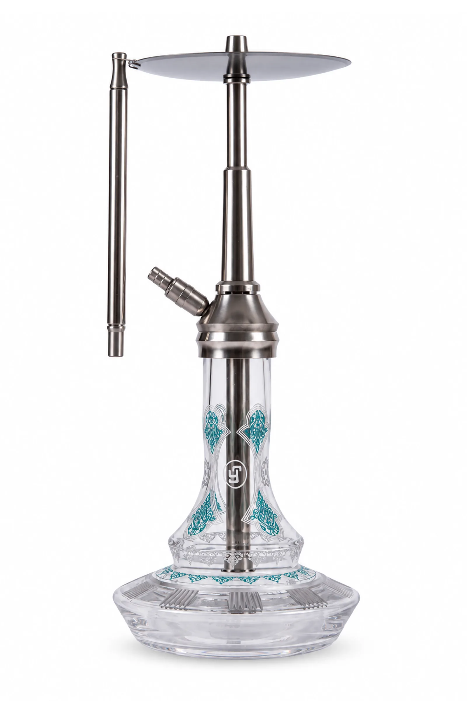 A hookah set with a silver-colored body, a turquoise-patterned glass bottle, and a metal mouthpiece hanging on the left, set against a white background.