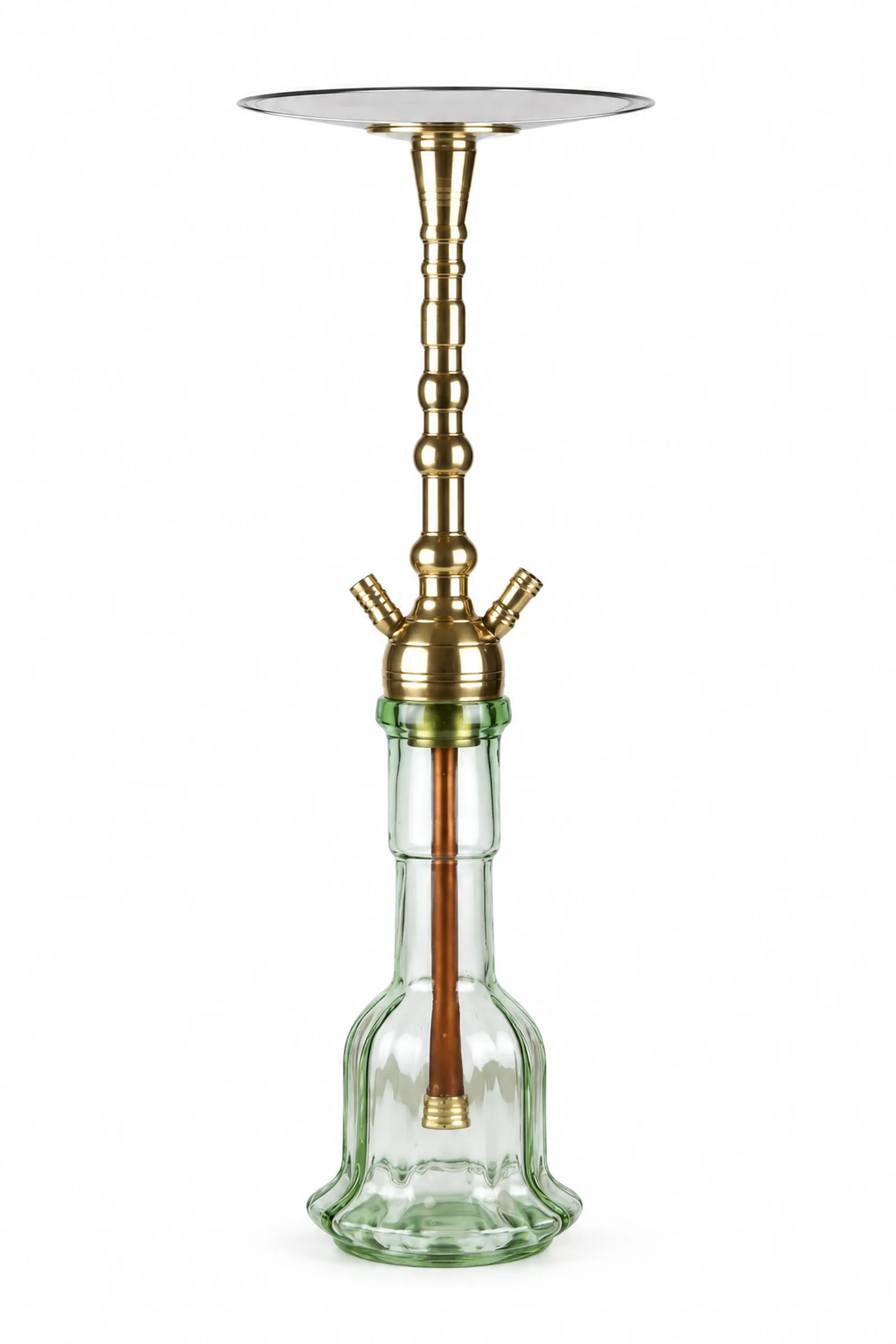 A body with yellow metal rings and a light green glass bottle, full-length view from the front; a hookah on a clean tray against a white background.