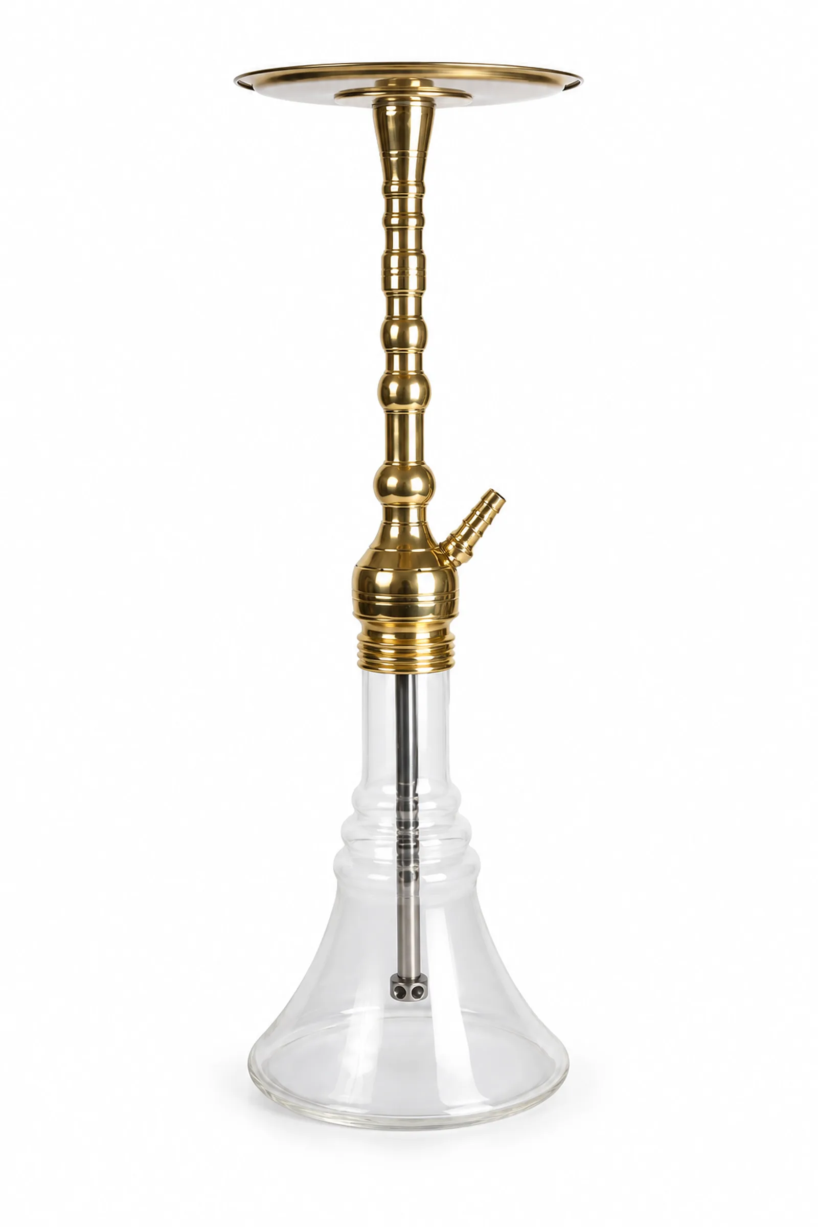 The YT Classic Puff hookah, featuring a long, gold-colored fluted stem, a hollow round tray, and a bell-shaped glass bottle.