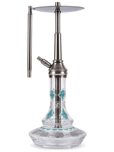 YT Shisha Bullet Şemsikitap Nargile Takımı, gümüş, turkuaz, şeffaf renkli gövde ve cam şişe görünümü