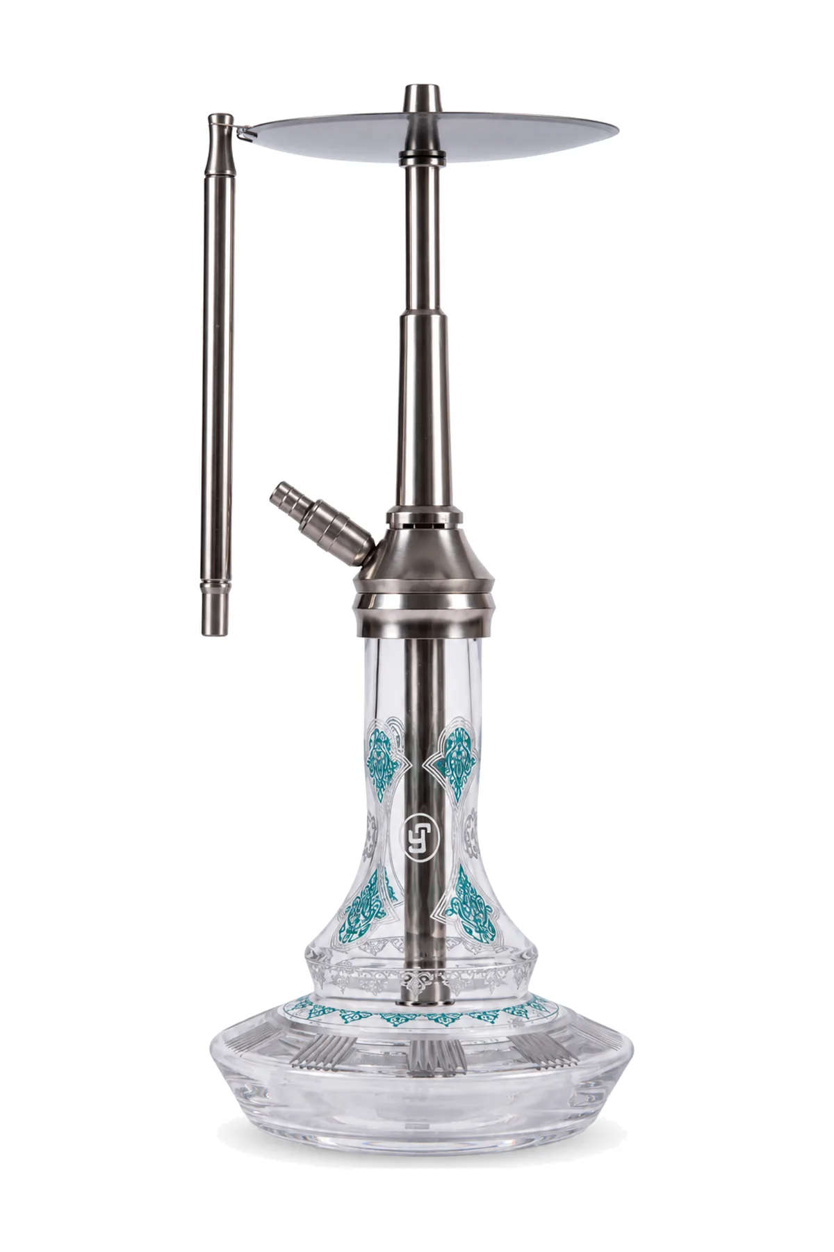 YT Shisha Bullet Şemsikitap Nargile Takımı, gümüş, turkuaz, şeffaf renkli gövde ve cam şişe görünümü
