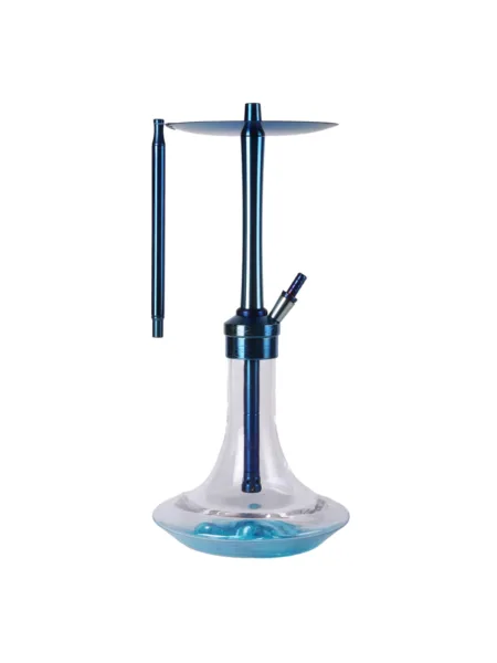 YT Shisha Everest Bluemint Çelik Nargile Takımı, mavi, turkuaz, şeffaf renkli gövde ve cam şişe görünümü