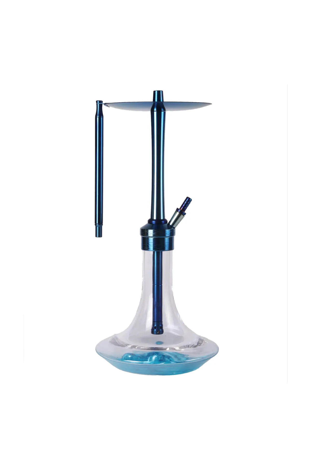 YT Shisha Everest Bluemint Çelik Nargile Takımı, mavi, turkuaz, şeffaf renkli gövde ve cam şişe görünümü