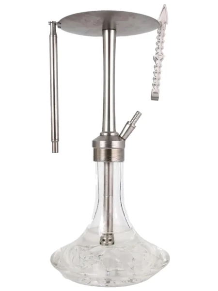 YT Shisha Everest Çelik Nargile Takımı, gümüş, şeffaf renkli gövde ve cam şişe görünümü