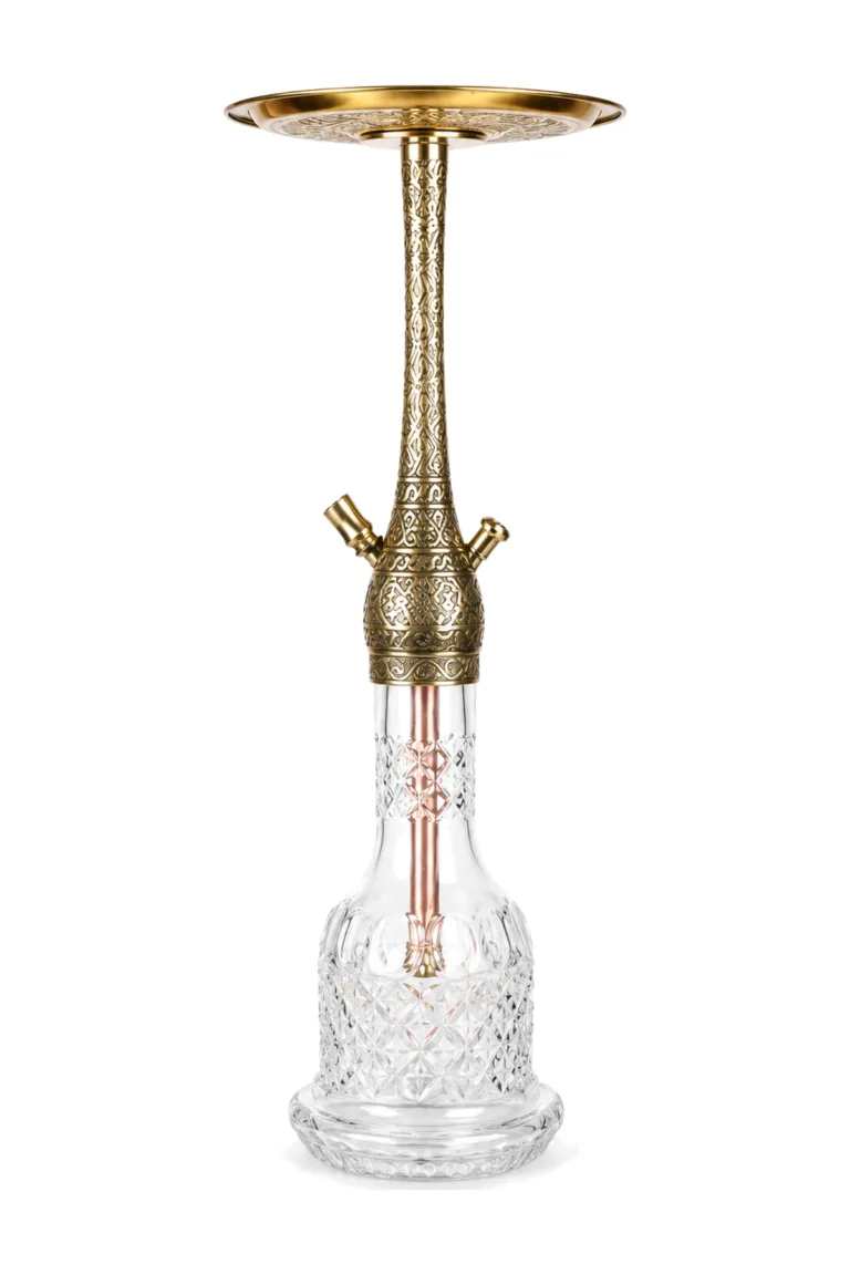 YT Shisha HOOKAH Vidalı Kahveci Nargile Takımı, gold, şeffaf renkli gövde ve cam şişe görünümü
