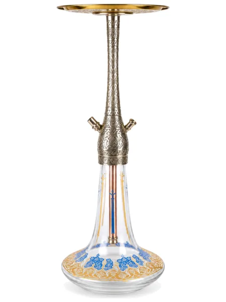 YT Shisha HOOKAH Vidalı Yaldızlı Şişeli Kahveci Nargile Takımı, gold, mavi, şeffaf renkli gövde ve cam şişe görünümü