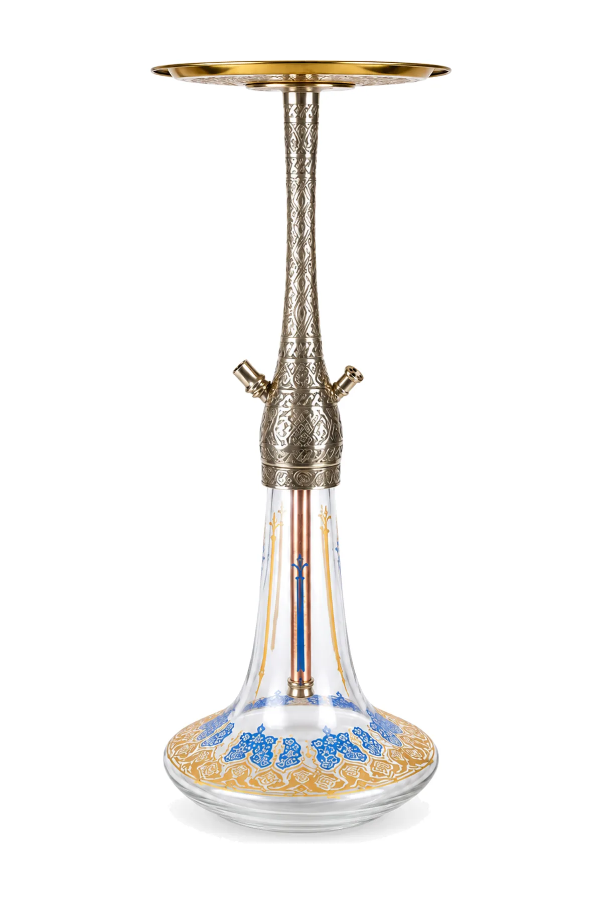 YT Shisha HOOKAH Vidalı Yaldızlı Şişeli Kahveci Nargile Takımı, gold, mavi, şeffaf renkli gövde ve cam şişe görünümü