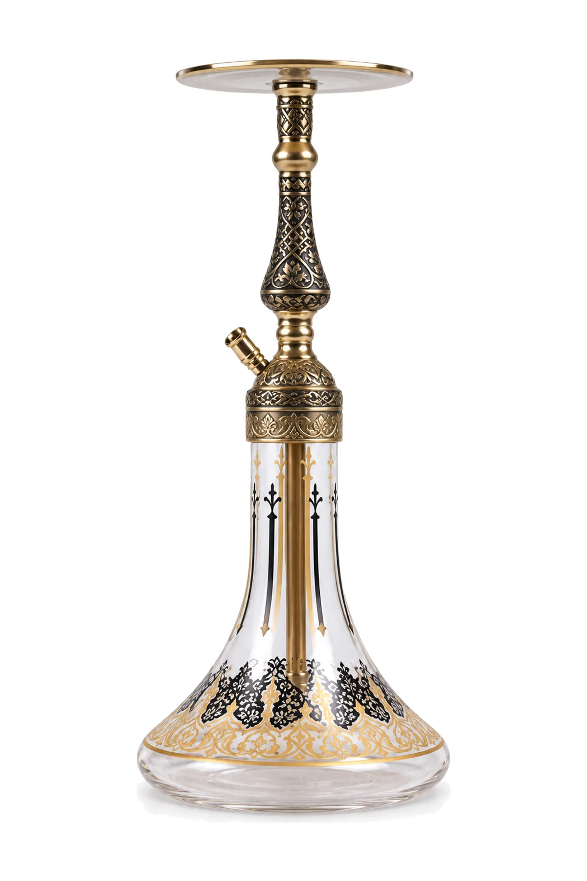 YT Shisha Hürrem Kahveci Siyah Nargile Takımı, gold, siyah, şeffaf renkli gövde ve cam şişe görünümü