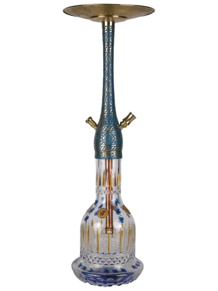 YT Shisha Şehzade Mavi Nargile Takımı, mavi, gold, şeffaf renkli gövde ve cam şişe görünümü