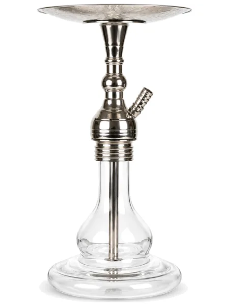 YT Shisha Small Puff Nikel Nargile Takımı, gümüş, şeffaf renkli gövde ve cam şişe görünümü