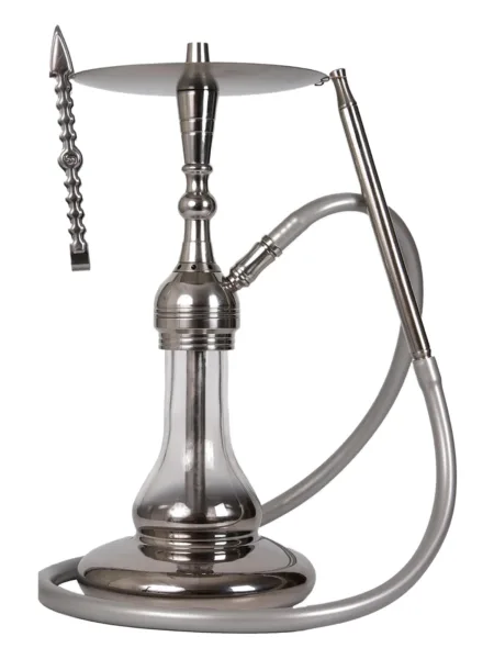 YT Shisha SP Platin Nargile Takımı, gümüş renkli gövde ve cam şişe görünümü