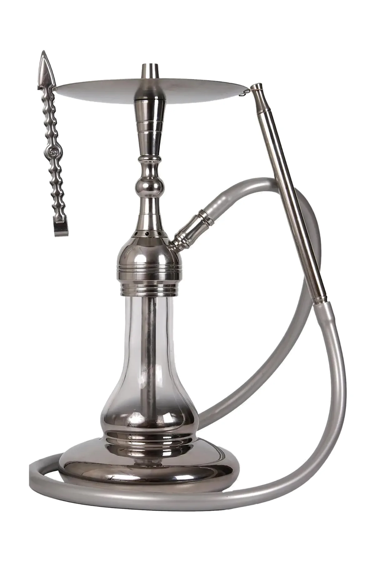 YT Shisha SP Platin Nargile Takımı, gümüş renkli gövde ve cam şişe görünümü