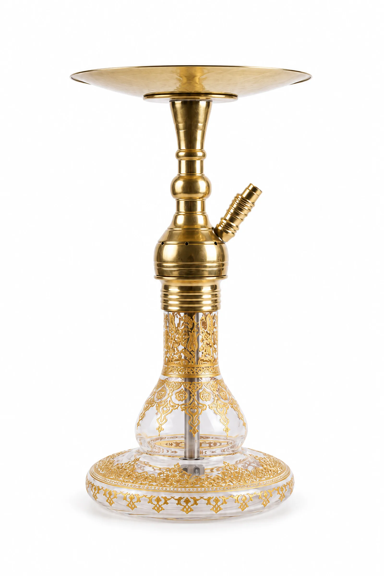 A glass bottle with a gold pattern and a short yellow metal body, full-length view from the front; a hookah on a clean tray against a white background.