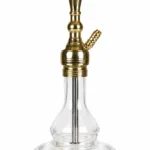 The YT Small Puff hookah features a gold-colored short body, an empty round tray, and a simple, transparent glass bottle with a wide base, as seen from the front.