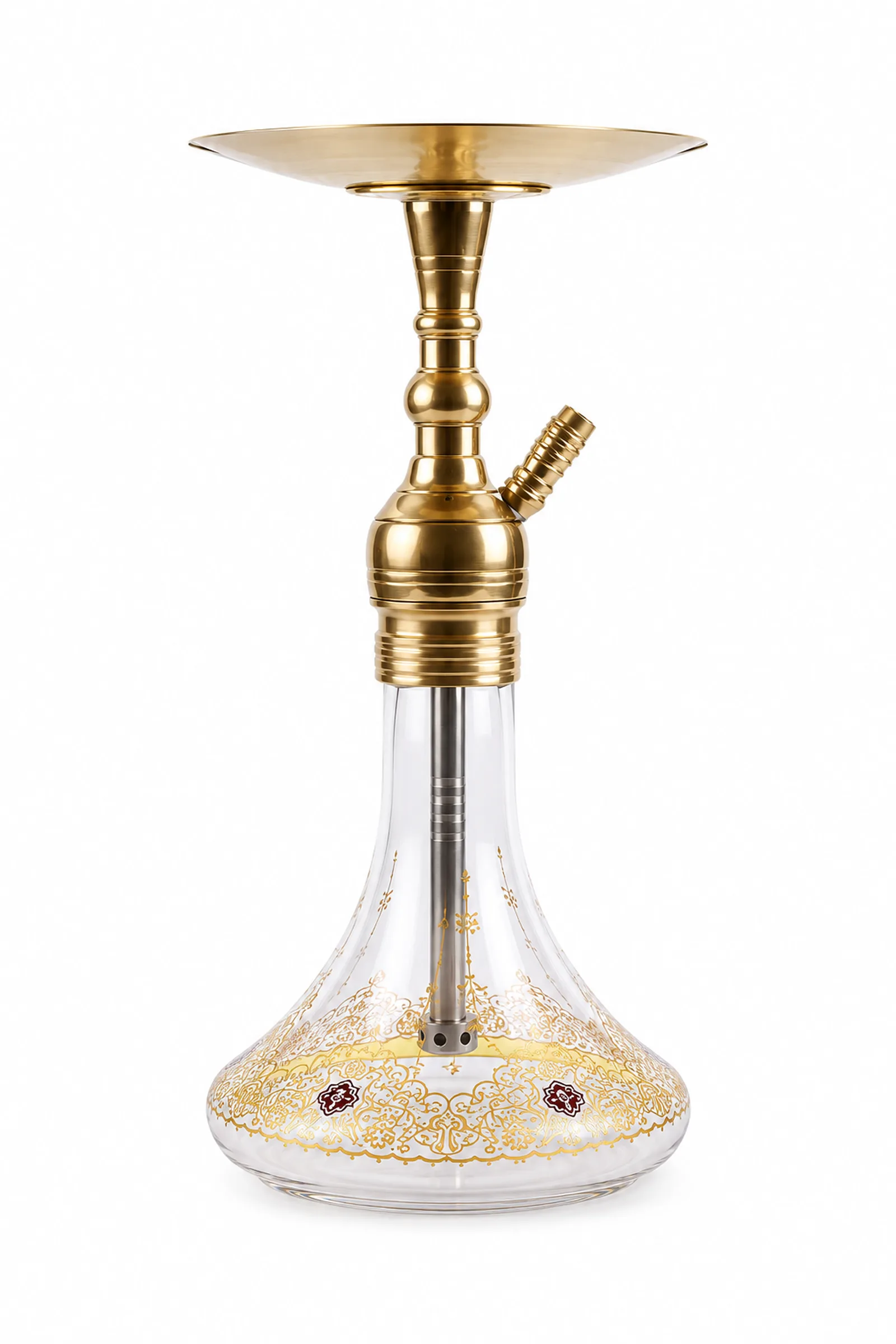 Small Puff hookah, featuring a short, gold-colored body and a conical glass bottle with a gilded pattern adorned with burgundy medallions.