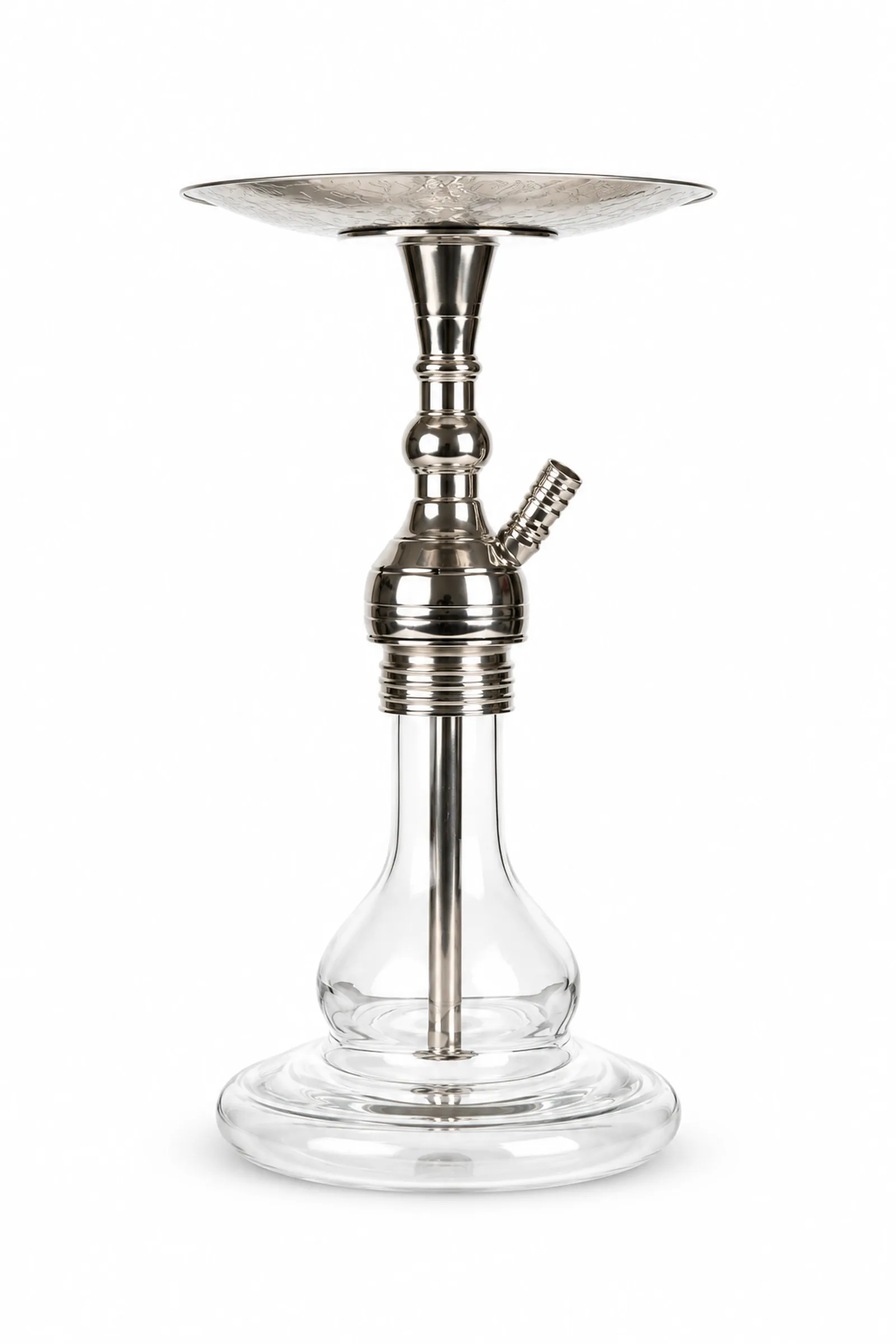 YT Small Puff Nickel hookah; front view featuring a shiny body, an engraved tray, and a wide-based clear glass bottle.