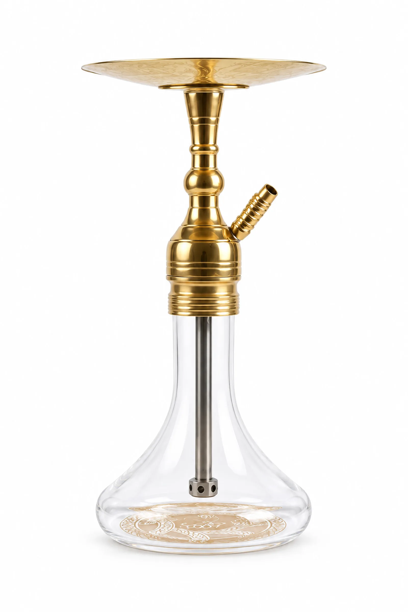 YT Small Puff Medium-Patterned hookah; the gold-colored body, empty tray, and transparent glass base with gold printing are visible from the front.