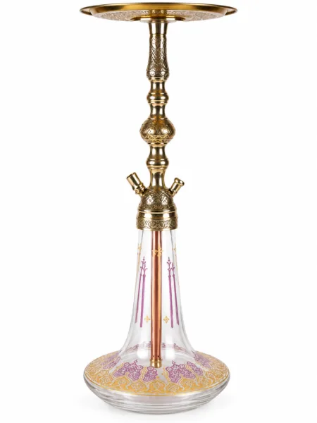 A gold-toned, ornately carved hookah body, a transparent glass bottle with purple and gold patterns, and an empty round tray, viewed from the front.