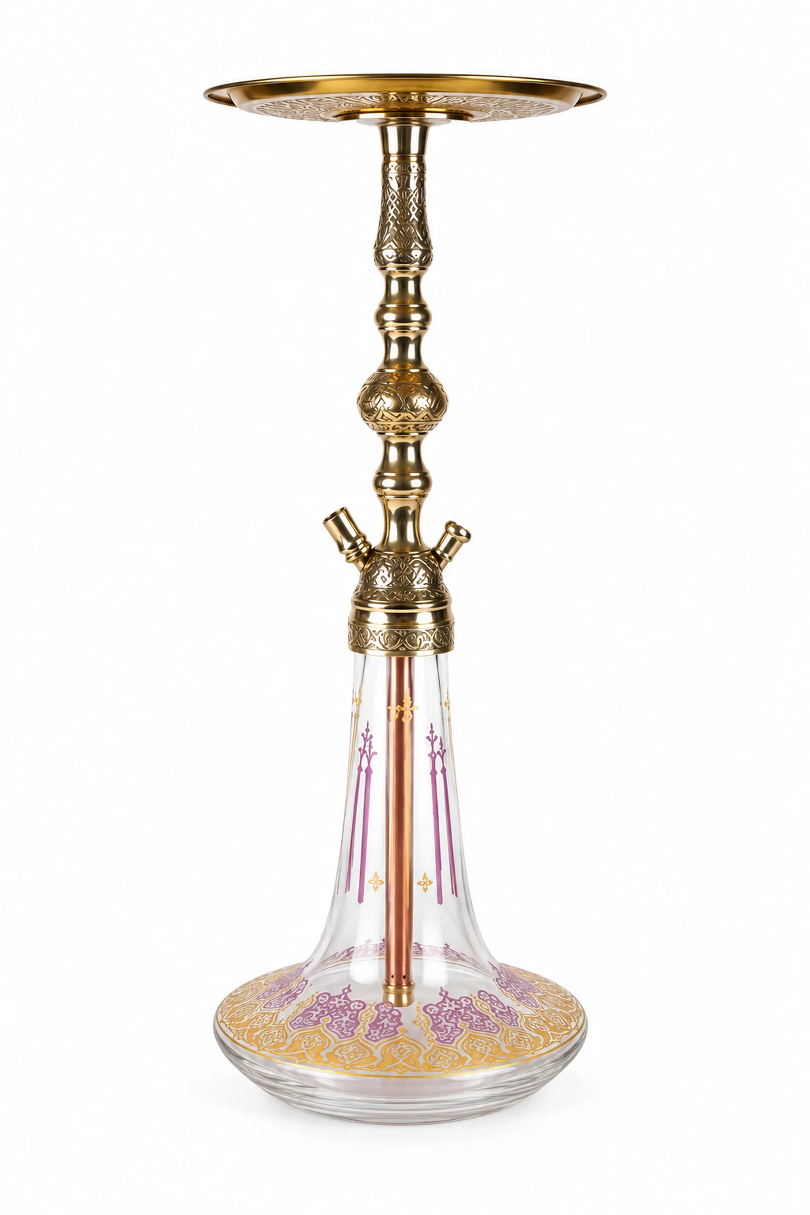 A gold-toned, ornately carved hookah body, a transparent glass bottle with purple and gold patterns, and an empty round tray, viewed from the front.