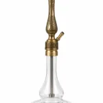 The YT Tulip Puff hookah features a long metal stem with a tulip-embossed design, an openwork tray, and a wide-based clear glass bottle.