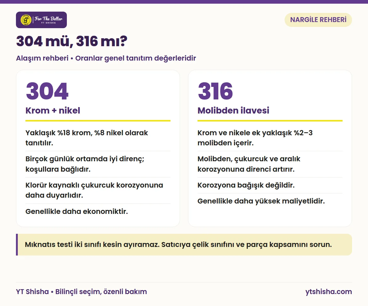 304 ve 316 çeliğin bileşim, korozyon direnci ve malzeme maliyeti bakımından karşılaştırıldığı iki özellik kartı.