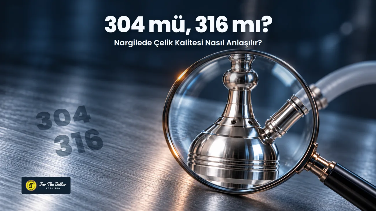 Nargile çelik kalitesi için soğuk mavi ışıkta büyüteçten görülen YT SP Platin bağlantı detayı ve fırçalanmış çelik yüzeyde 304 ile 316 damgaları.