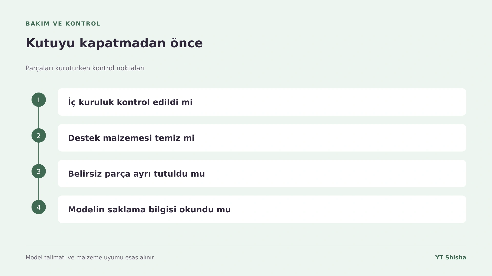 Parçaları kuruturken kontrol noktaları — Kutuyu kapatmadan önce