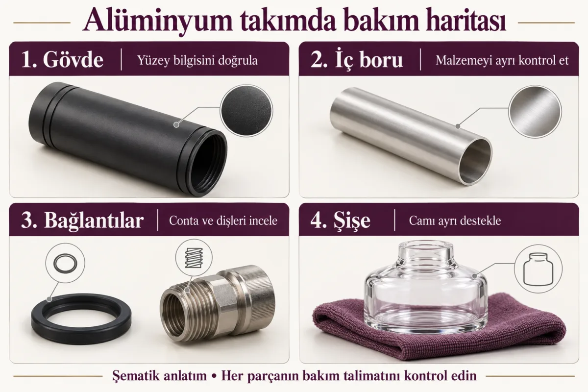 Gövde, iç boru, bağlantı ve şişeyi ayrı bakım bölgeleri olarak gösteren alüminyum takım şeması.