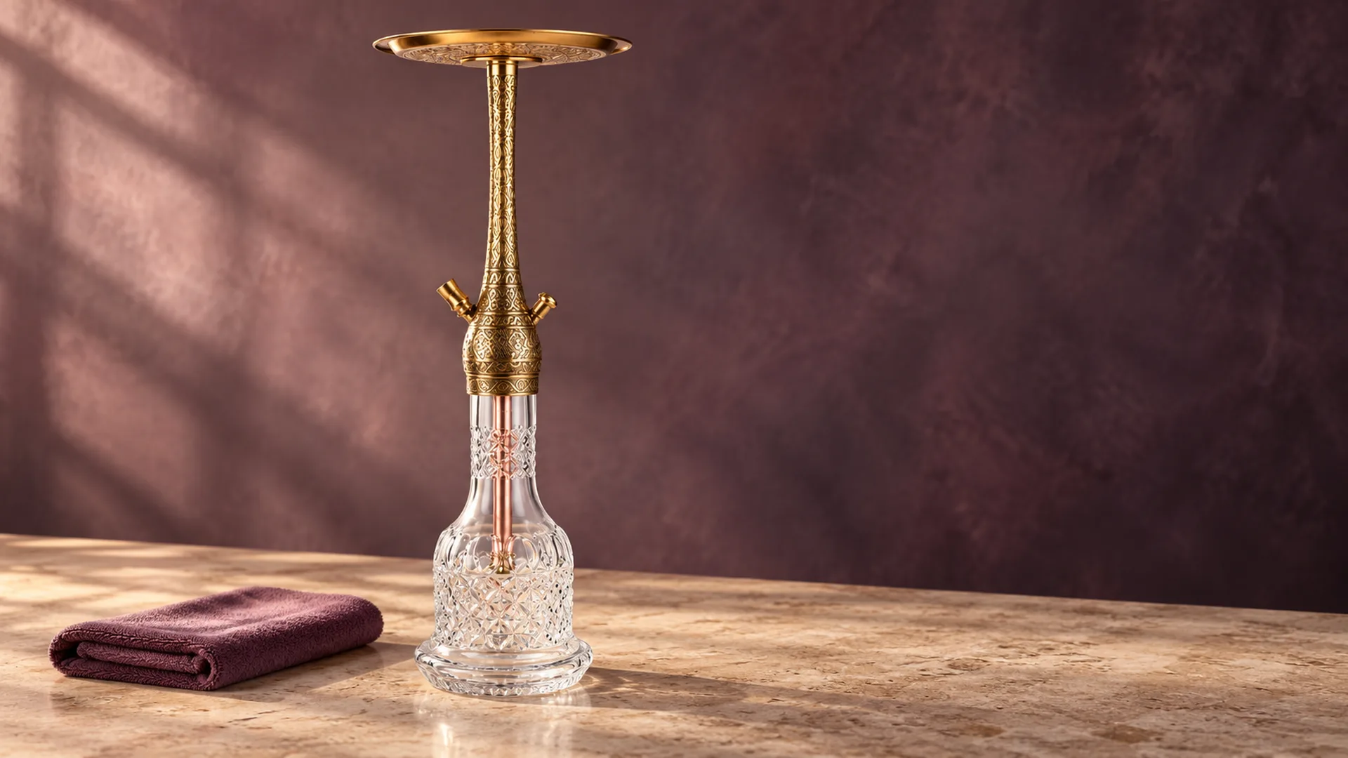 Pirinç kahveci nargile takımı ve yumuşak bakım bezi, sıcak ışıklı kapak düzenlemesi.