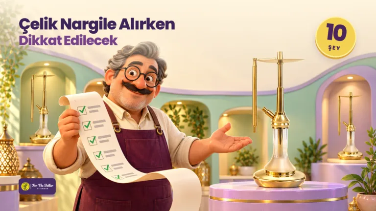 Nargile takımı alırken nelere dikkat edilmeli: aydınlık bir mağazada onay işaretli uzun kontrol listesini tutan bıyıklı 3D usta, yanında altın renkli YT Bullet Titanyum Gold ve 10 şey rozeti.
