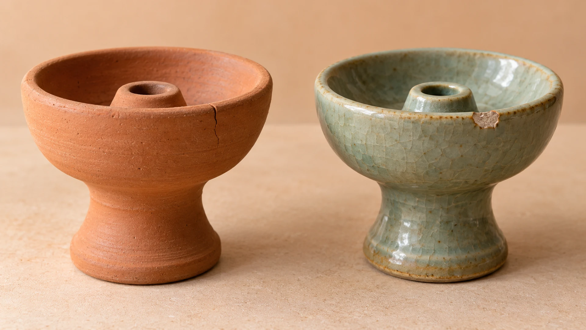 Two different ceramic surfaces showing cracks and glaze loss