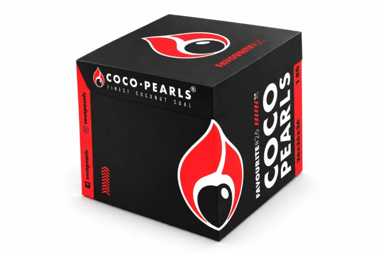 Cocopearls Favourite 26 mm 1 kg Nargile Kömürü – kapalı ambalajın kapak, ön ve yan yüzleri