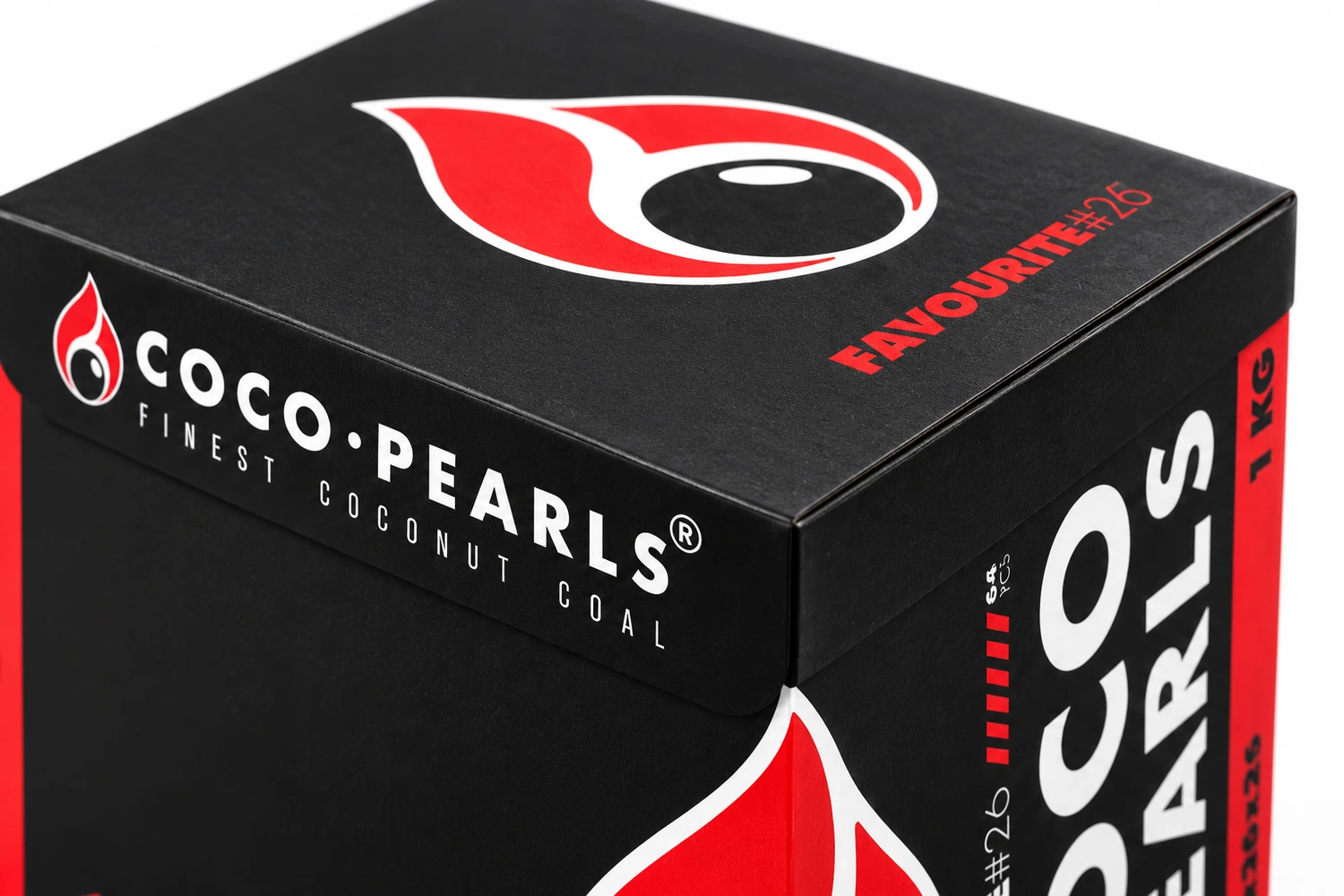 Cocopearls Favourite 26 mm 1 kg Nargile Kömürü – marka logosu ve karton üzerindeki baskı dokusu
