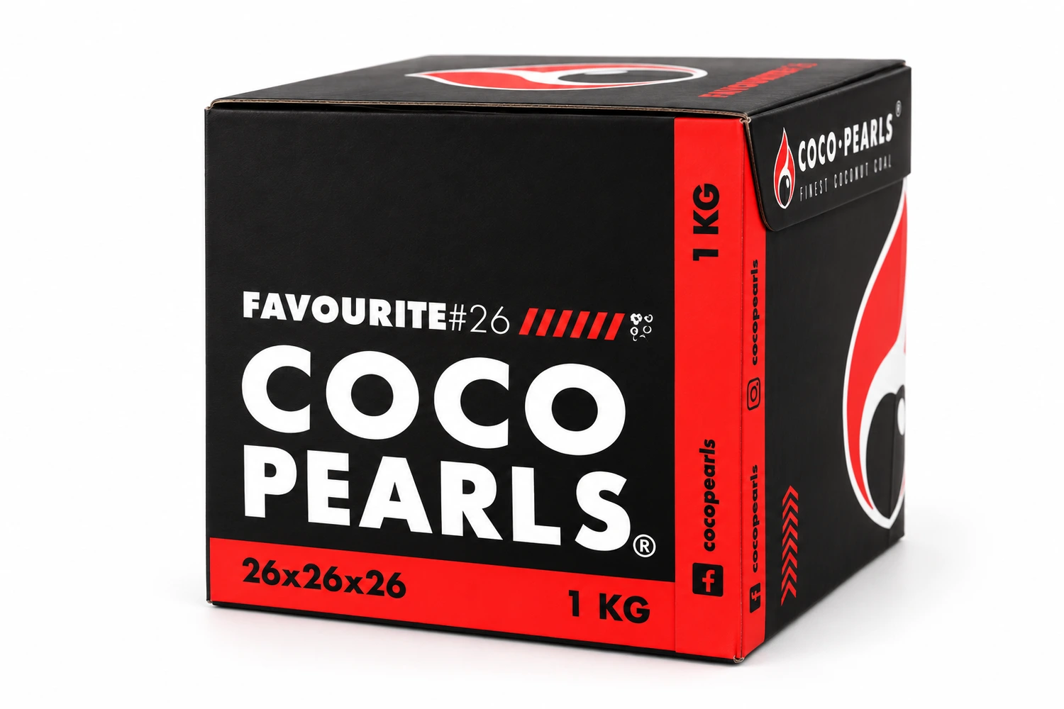 Cocopearls Favourite 26 mm 1 kg Nargile Kömürü – ambalajın yan yüzü ve model bilgileri